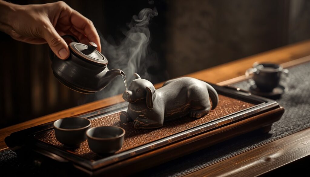 Tea pet em forma de cachorro recebendo água sobre bandeja de chá durante sessão de gongfu cha
