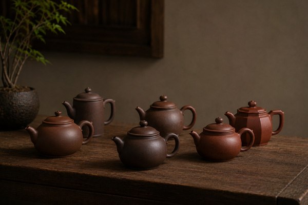 Composição contemplativa com vários bules de Yixing para sugerir amadurecimento do olhar