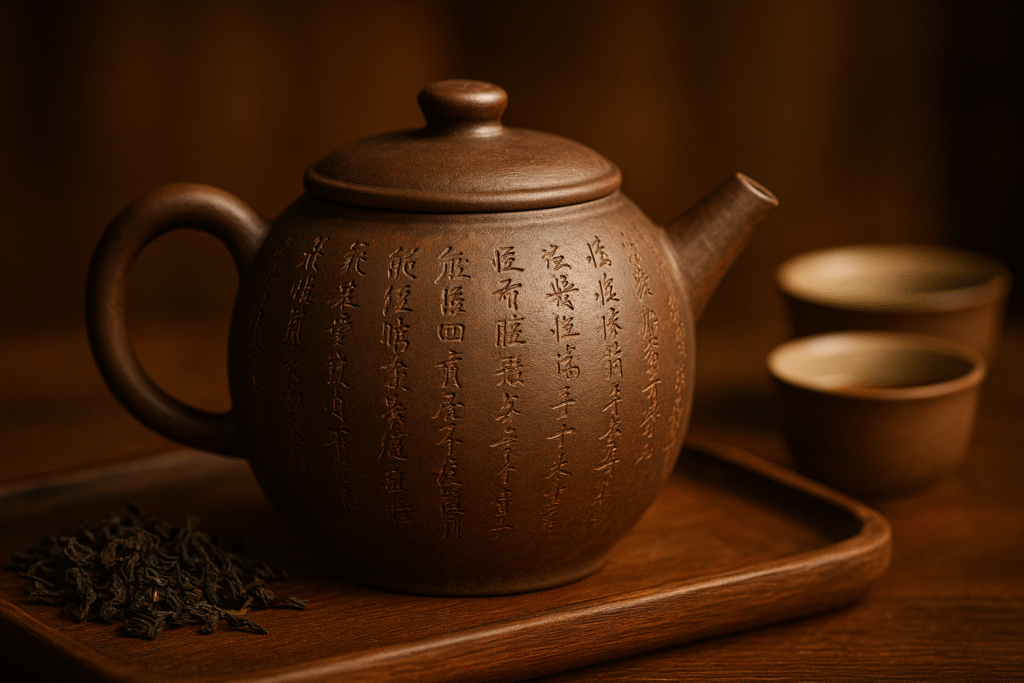 Bule antigo Jun Lun Zhu em argila Yixing ao lado de chá oolong e xícaras pequenas