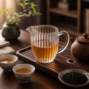 Pitcher de cristal 200 ml com chá servido sobre mesa de chá